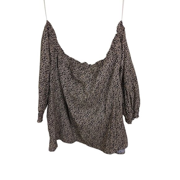Womens Plus Size 3X Linen Blend Off Shoulder Leopard Top 3/4 Sleeves Tan Black - Picture 4 of 6
